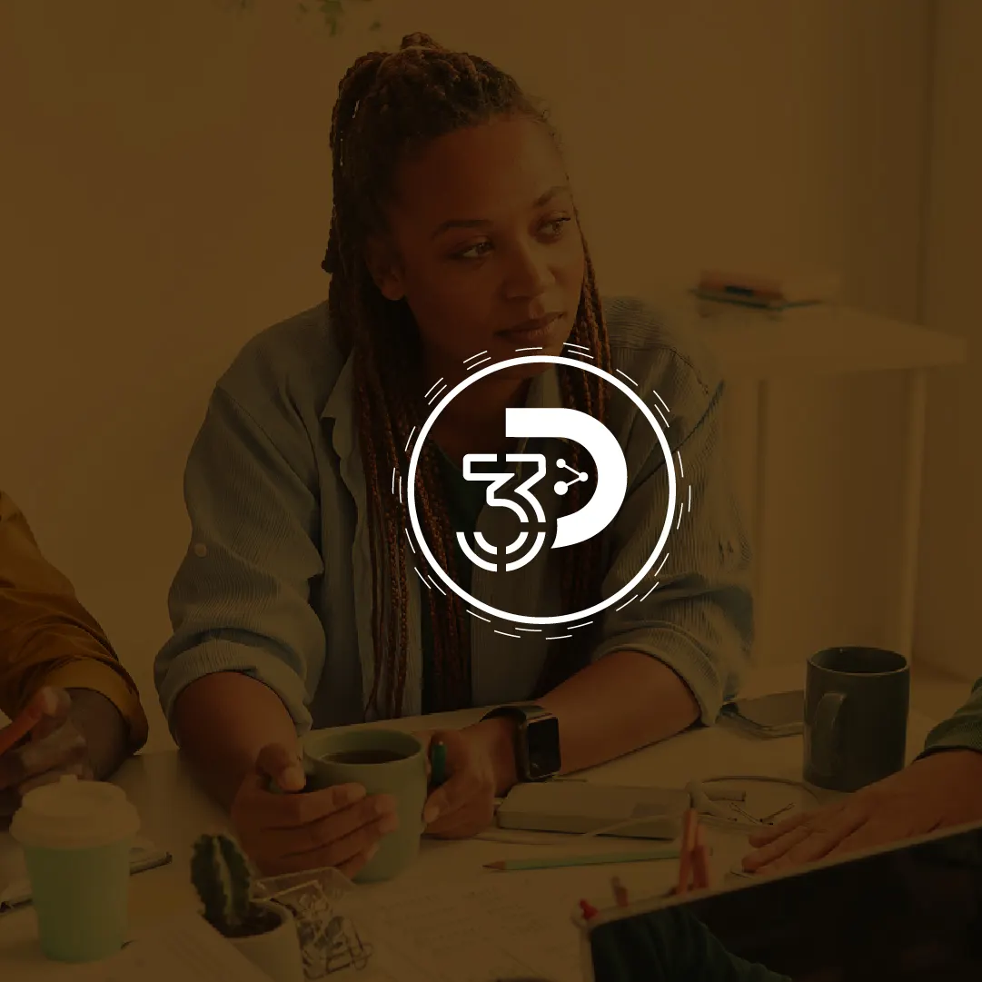 3D Connections logo, a white 3 and D monogram in a circle, over a dimmed photo of a woman at a meeting table holding a mug