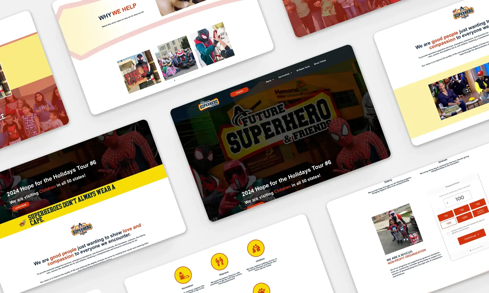 Collage of A Future Superhero & Friends web pages showing a costumed hero banner, mission icons, and a donation amount form