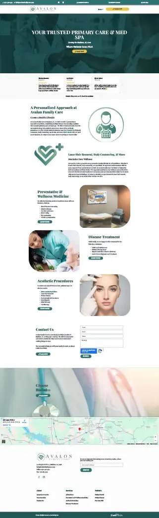 Full-page screenshot of the Avalon Family Care website in green and white, with a primary care hero banner, service sections, and contact form