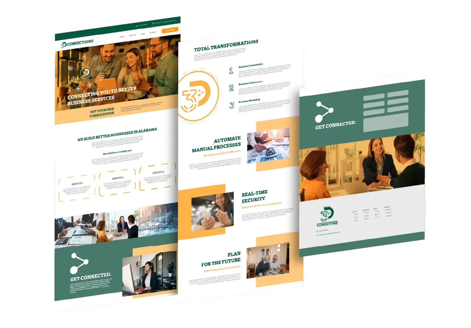 3D Connections website design comps in green and orange, with a business services hero, numbered process steps and a Get Connected footer