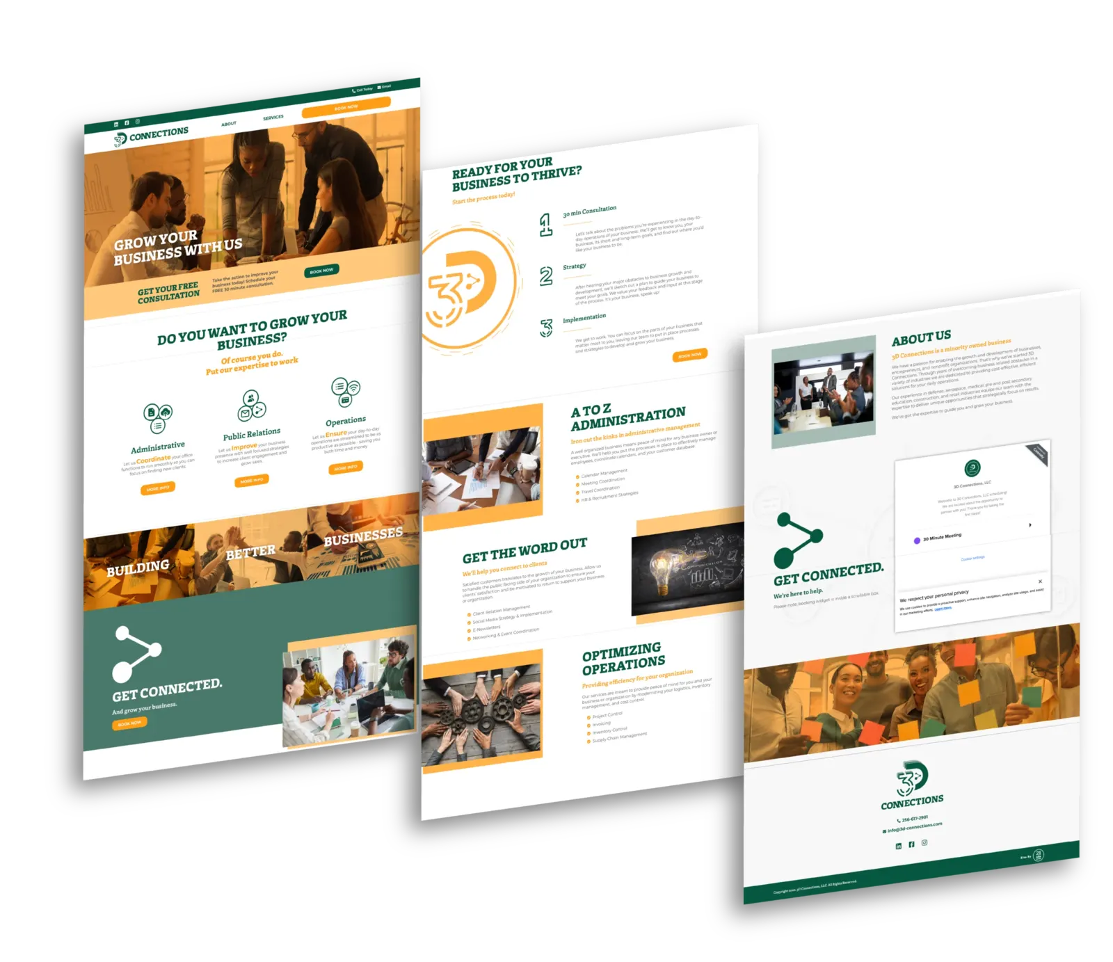 3D Connections website pages: Grow Your Business hero, service icons, A to Z Administration section, About Us and booking widget
