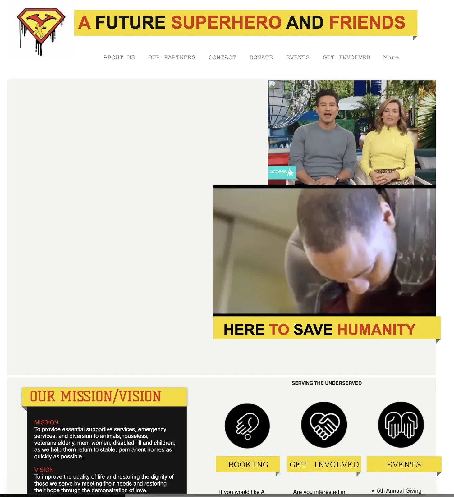 Previous website: A Future Superhero and Friends homepage with yellow banner headers, a TV clip and mission and vision text