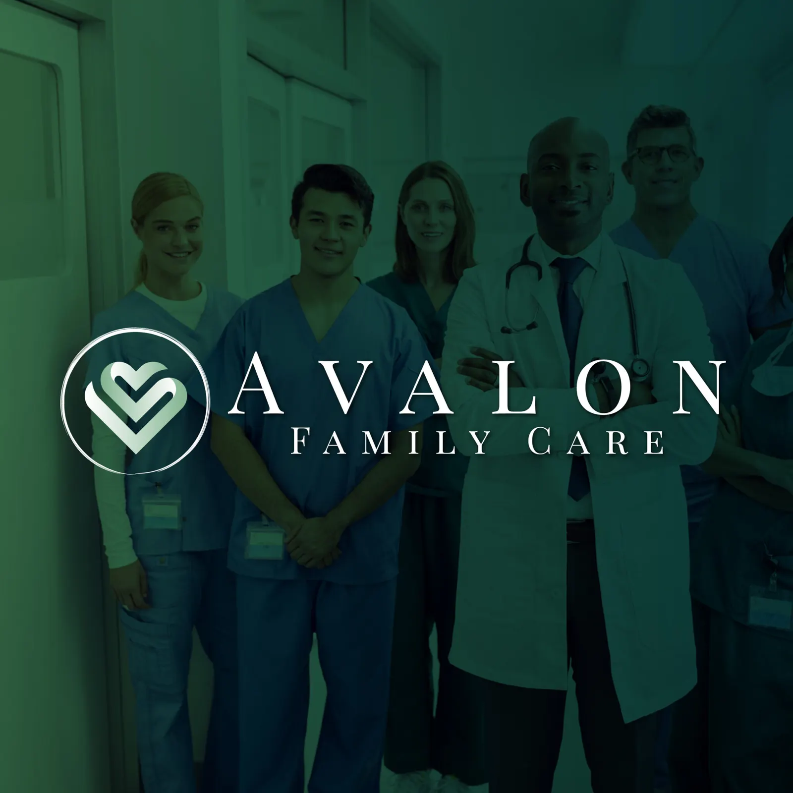 Avalon Family Care logo in white over a green-tinted photo of a smiling medical team