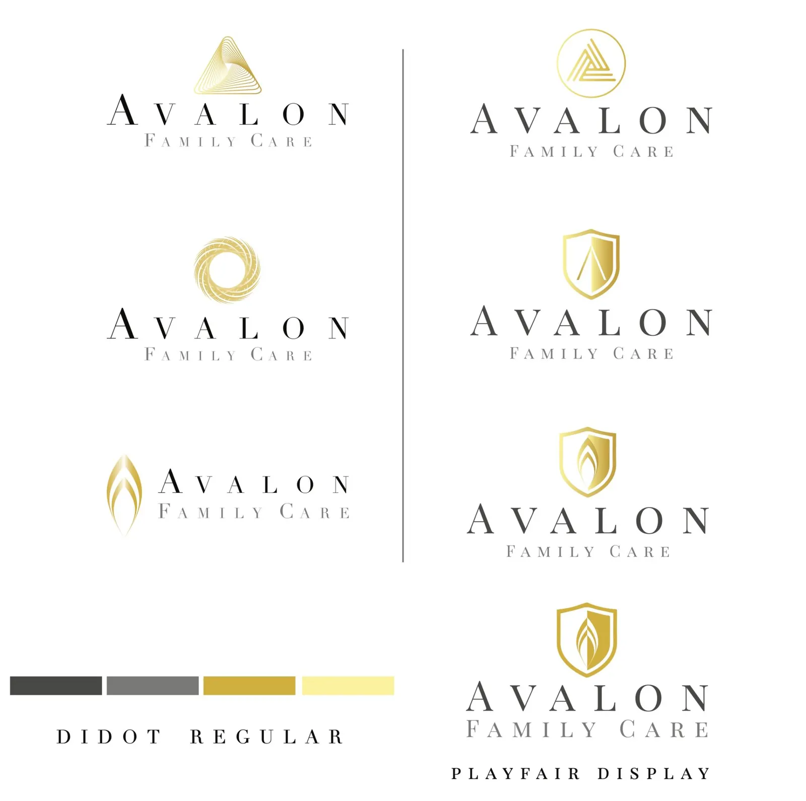 Early Avalon Family Care logo concepts in gold and charcoal, with Didot and Playfair Display type and a gold palette