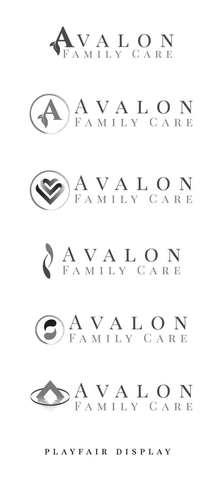 Grayscale Avalon Family Care logo explorations: leaf A, heart, swirl and mountain marks set in Playfair Display