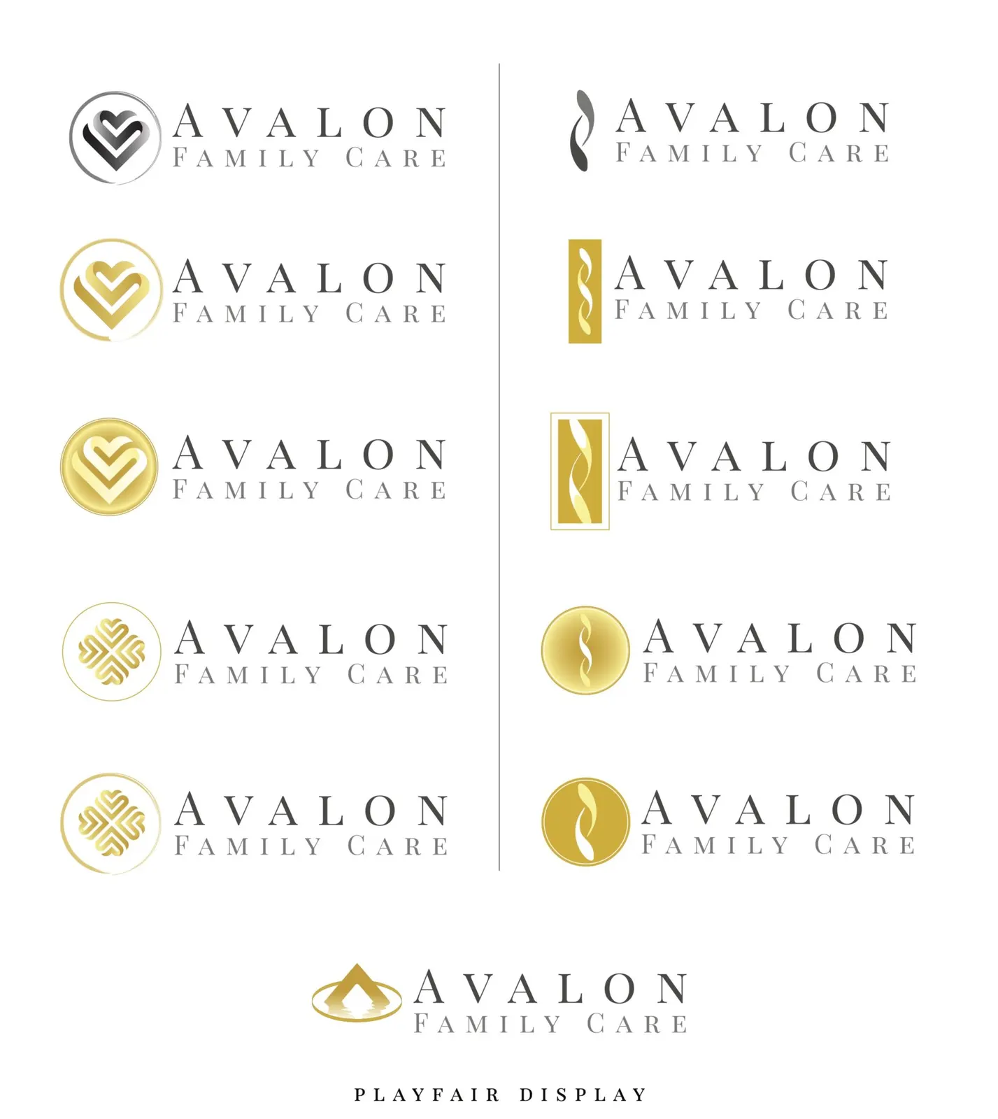 Avalon Family Care logo refinements in gold and gray, comparing heart, ribbon and clover marks