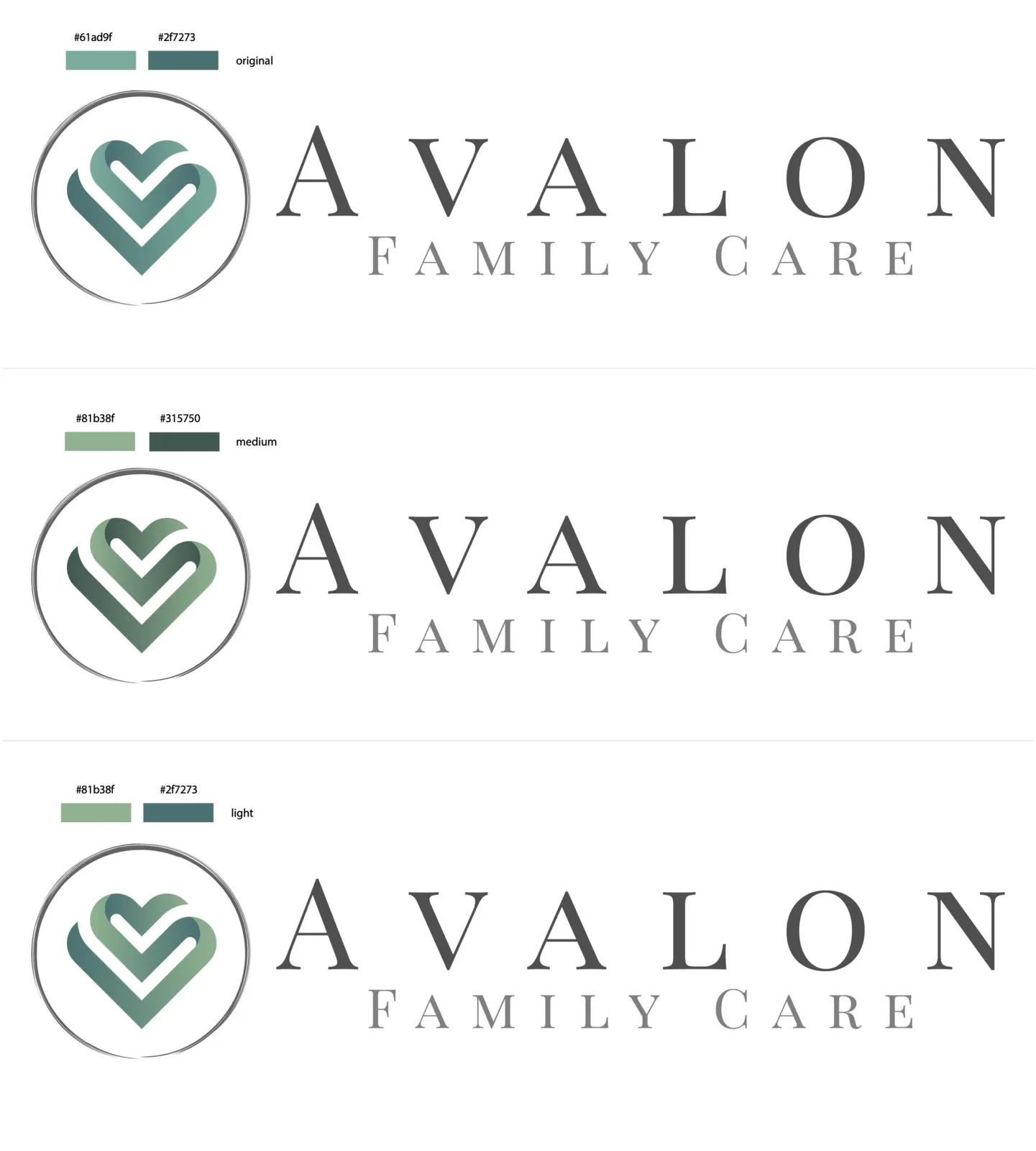 Final Avalon Family Care heart logo in three teal and green palettes labeled original, medium and light, with hex codes