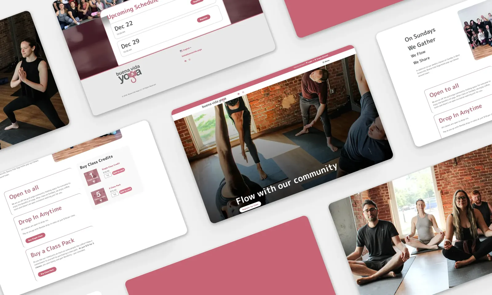 Buena Vida Yoga website pages: Flow with our community hero, class credit packs, upcoming schedule and drop-in options
