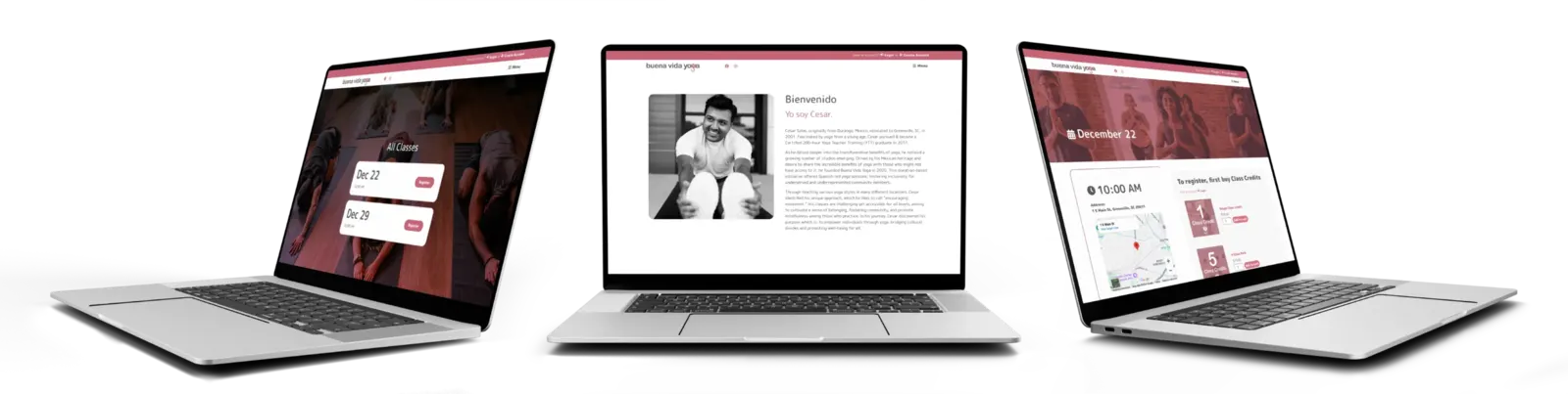 Buena Vida Yoga site on three laptops: class dates, a Bienvenido instructor bio page and a class registration page