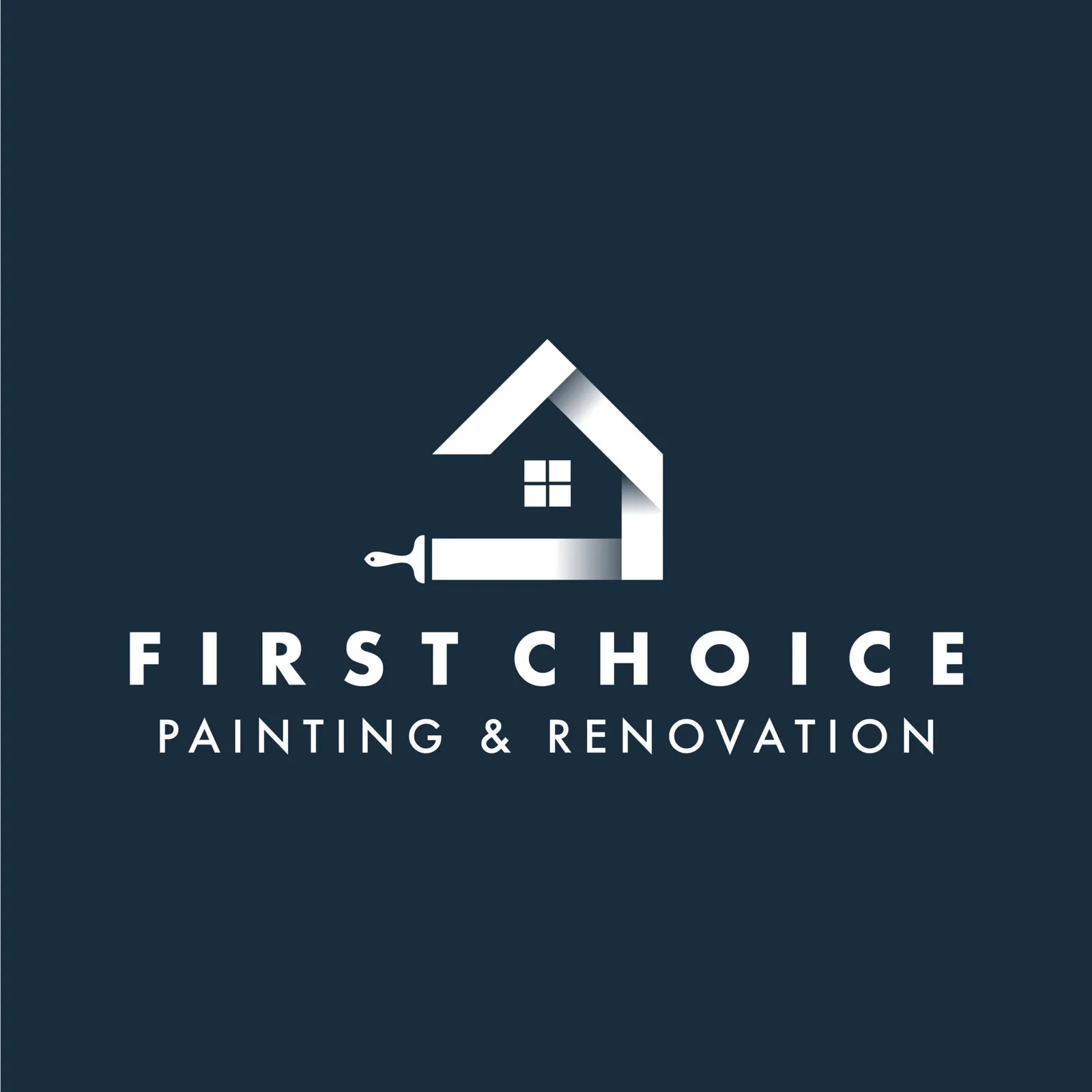 First Choice Painting and Renovation logo in white on navy, a house outline drawn by a paintbrush stroke