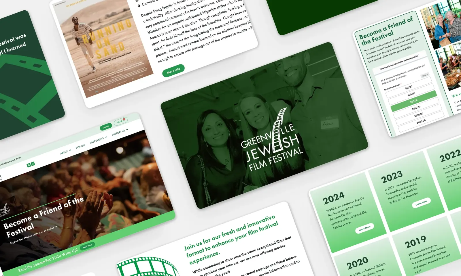 Greenville Jewish Film Festival website pages: film listing, Become a Friend donation form and a 2019 to 2024 history timeline