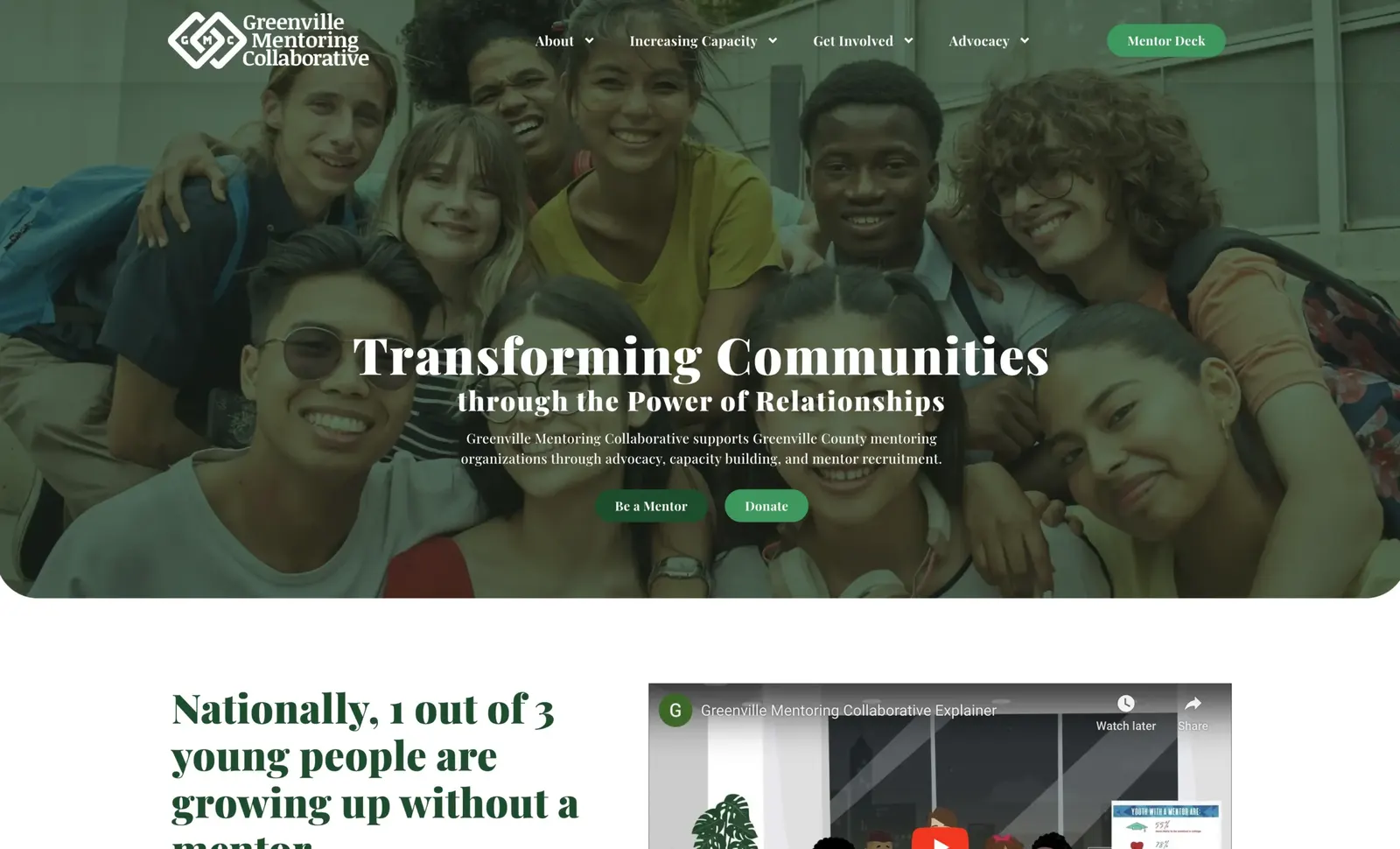 Previous website: Greenville Mentoring Collaborative Wix splash page stating only 2.2% of Greenville youth are mentored