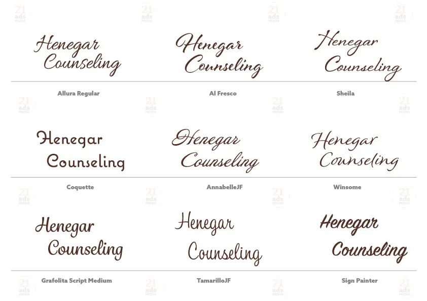 Henegar Counseling script wordmark explored in nine fonts, including Allura, Al Fresco and Sign Painter