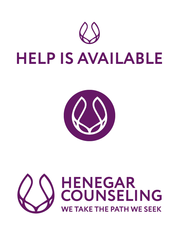 Final Henegar Counseling logo set in purple: icon, circle badge and full lockup with We Take the Path We Seek tagline