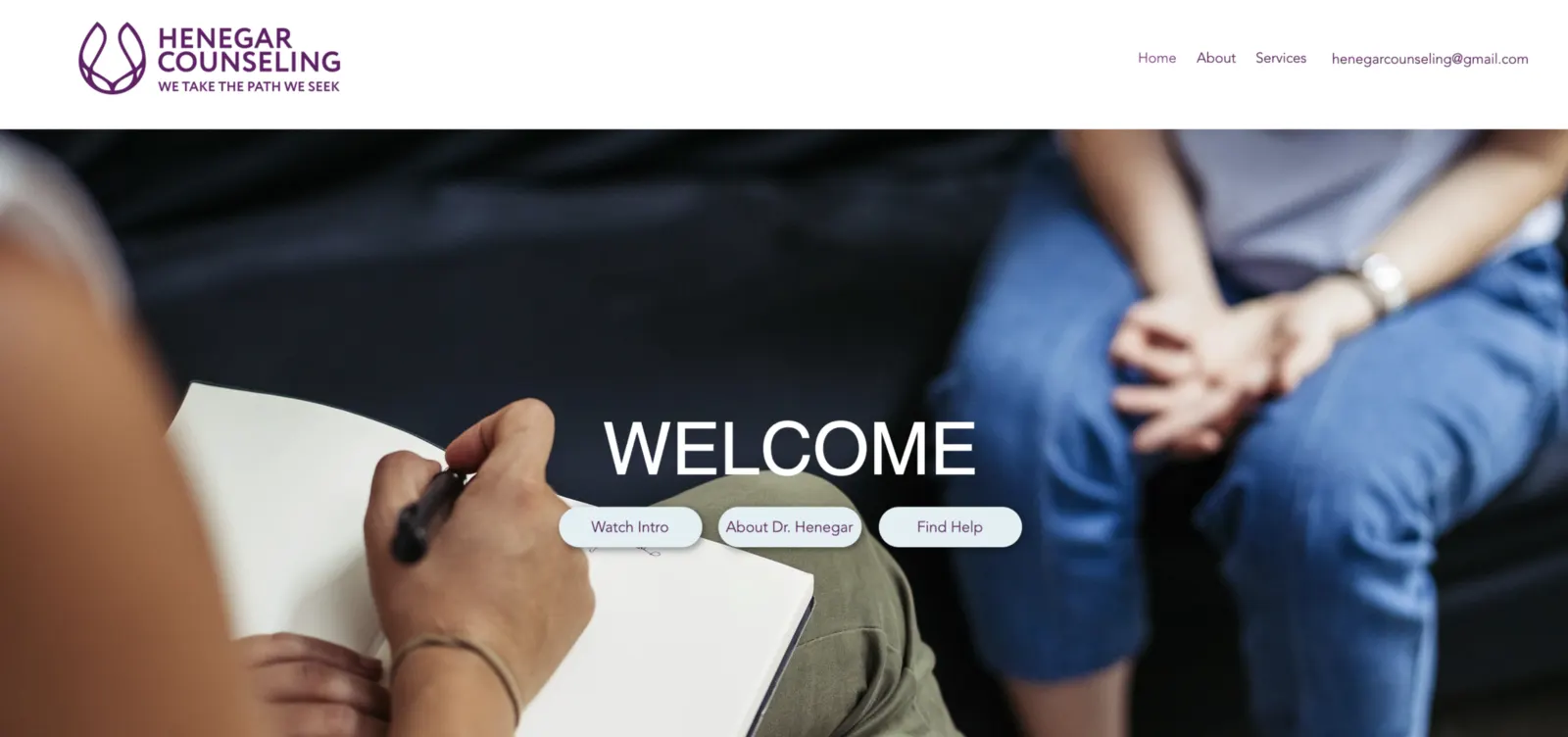 Henegar Counseling homepage with purple logo header and a Welcome hero over a counseling session photo