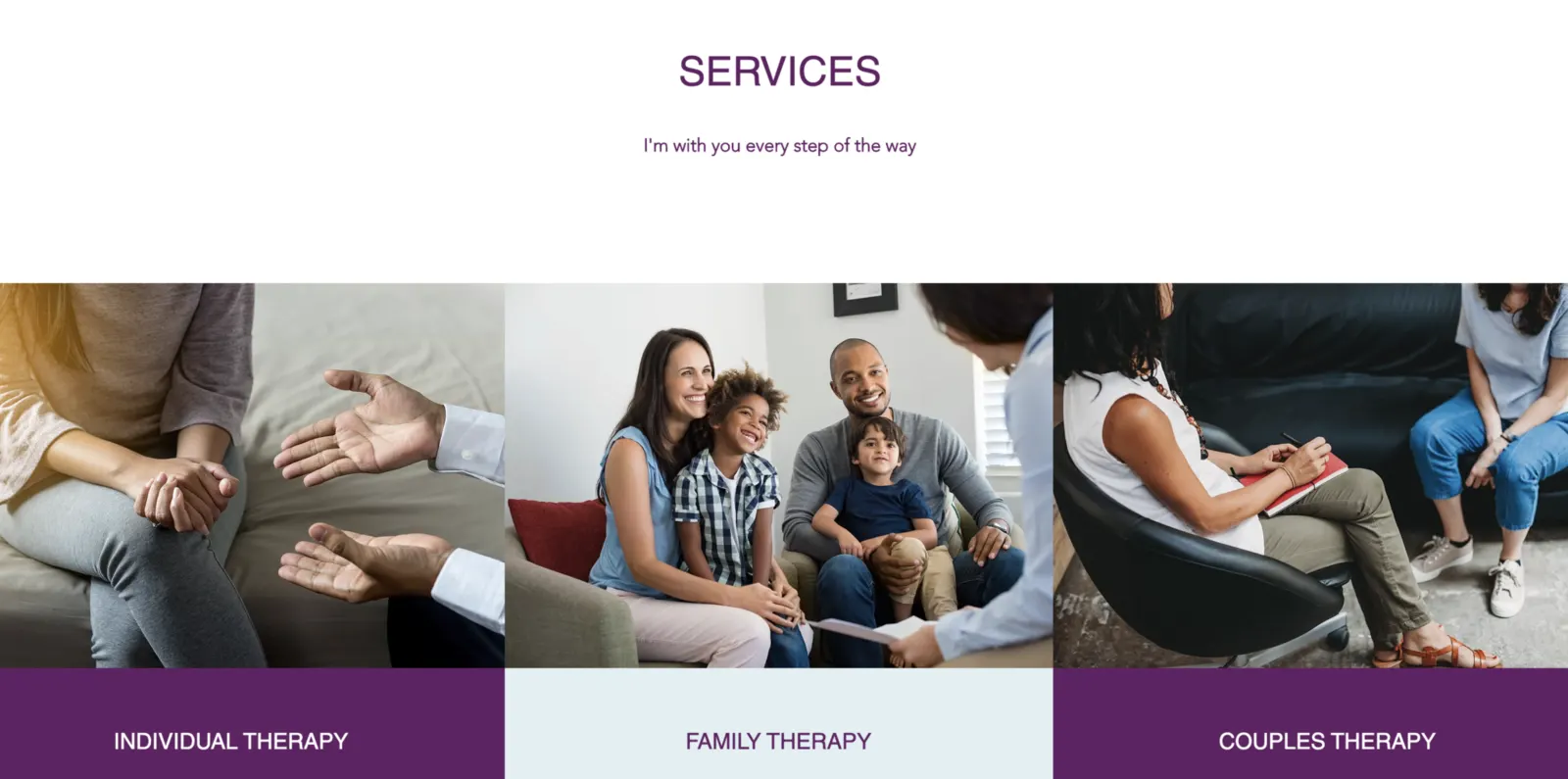 Henegar Counseling services page with photo tiles for individual, family and couples therapy