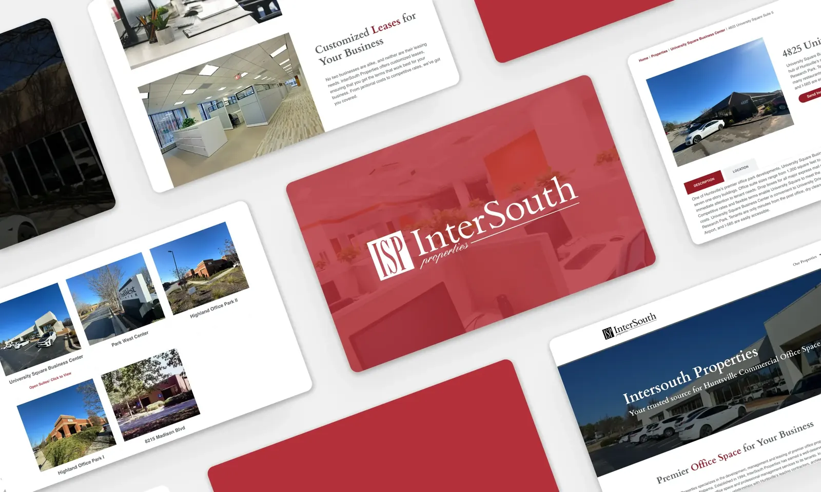InterSouth Properties website pages: Huntsville office space hero, property photo grid, listing details and leasing info