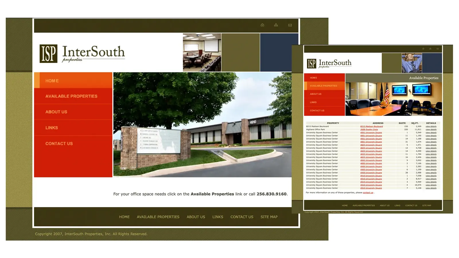 Previous website: InterSouth Properties 2007 site with red sidebar menu, office park photo and an available properties table