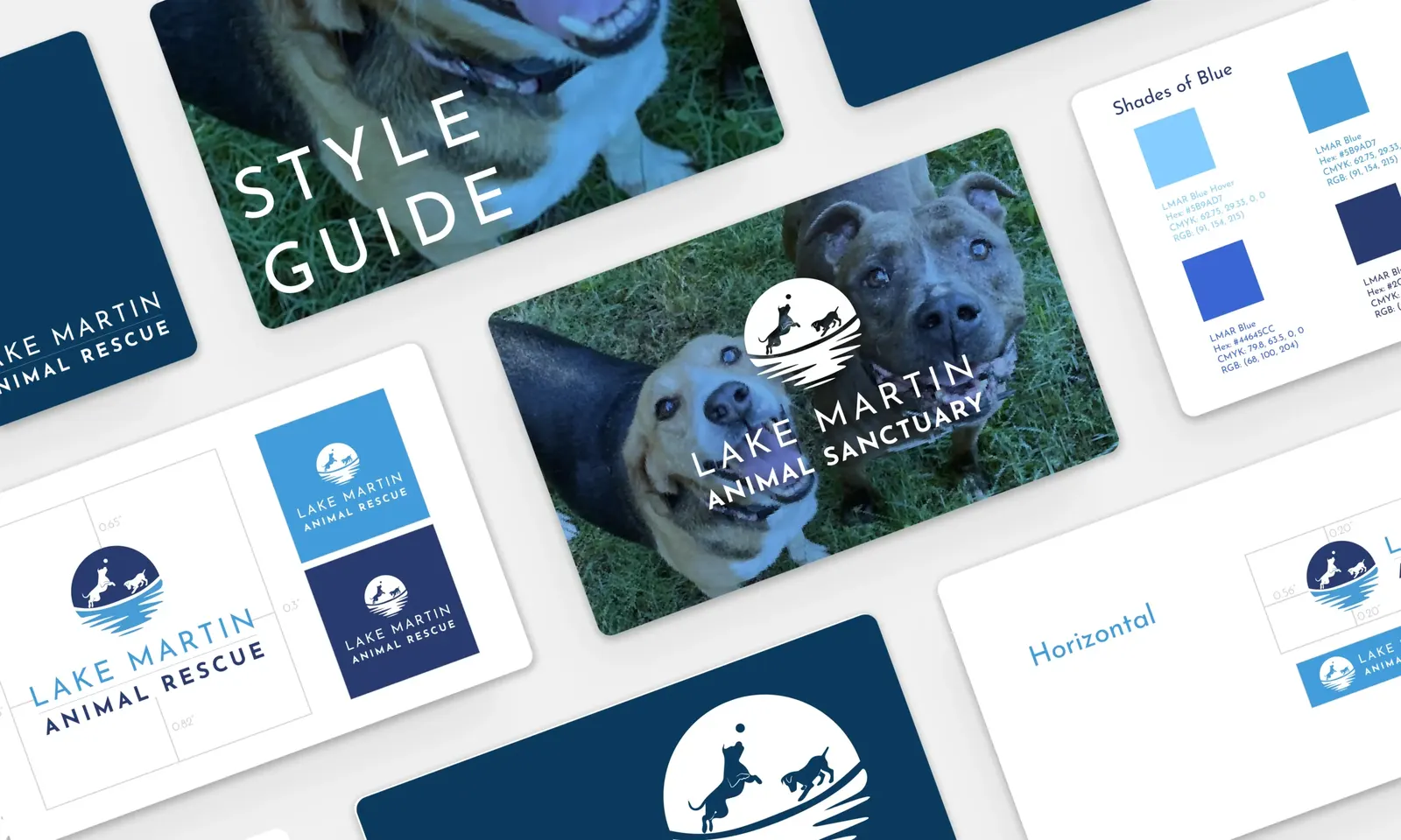 Lake Martin Animal Rescue style guide pages: logo lockups, shades of blue palette and horizontal logo spacing