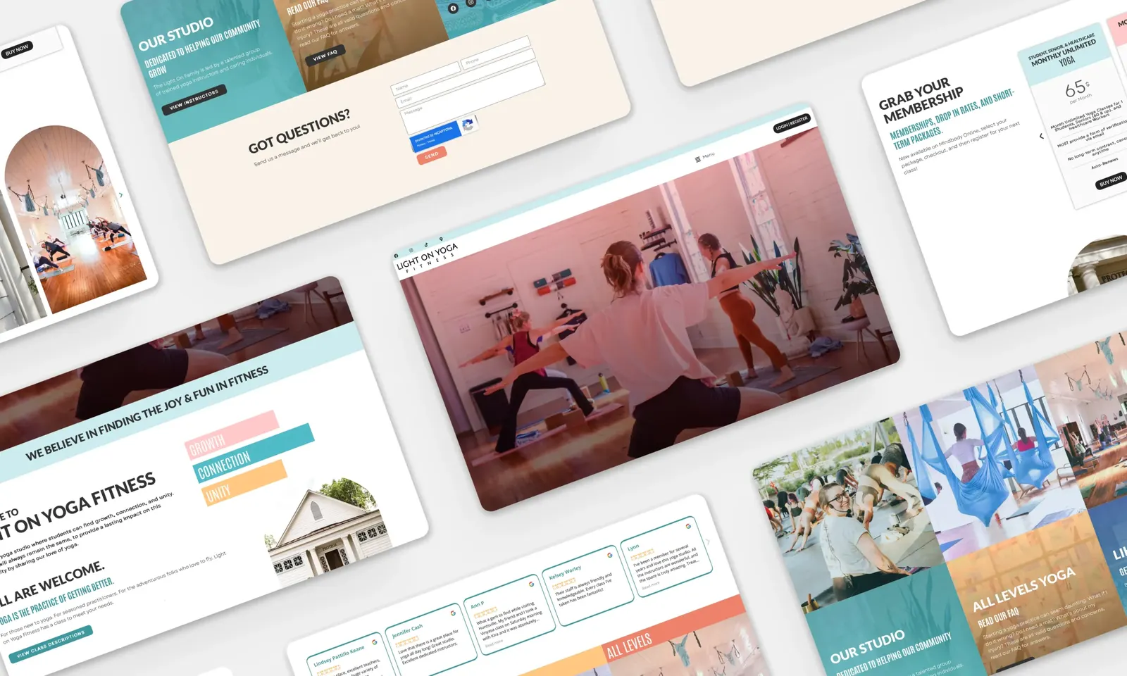 Light On Yoga Fitness website pages: studio hero, membership pricing, aerial yoga photos, reviews and contact form