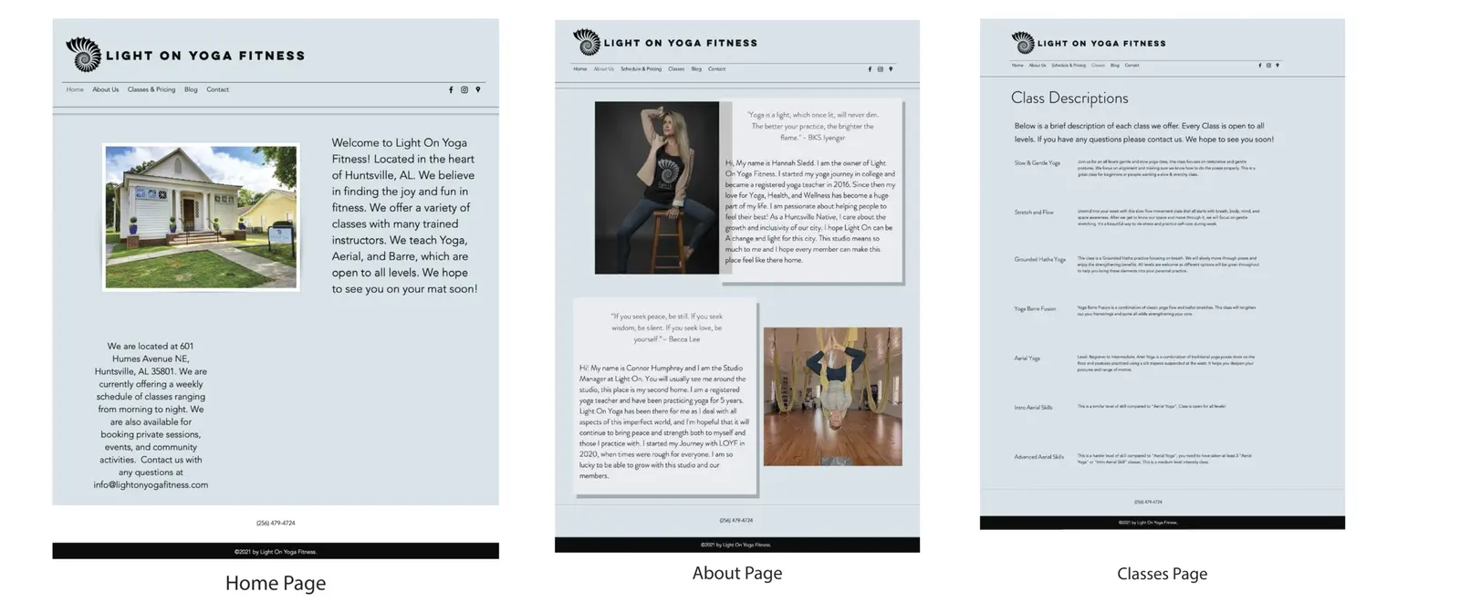 Previous website: Light On Yoga Fitness home, about and classes pages on a pale blue template