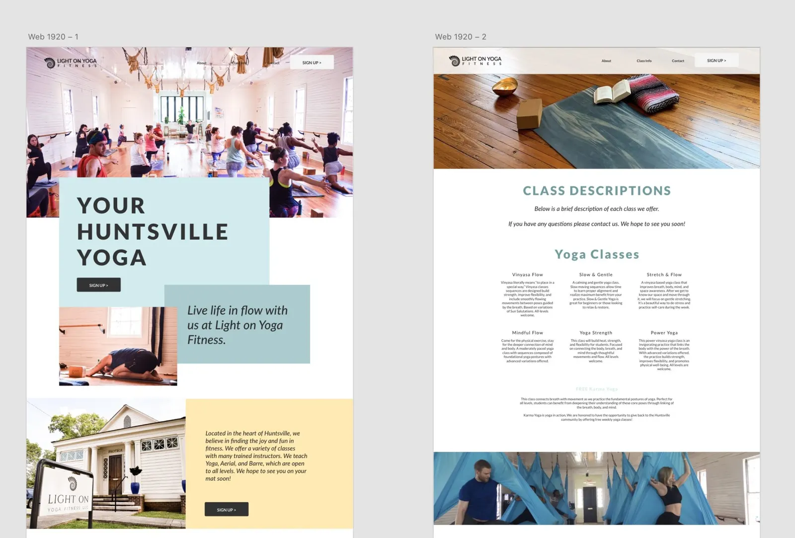 Light On Yoga Fitness desktop design comps: Your Huntsville Yoga homepage and a class descriptions page