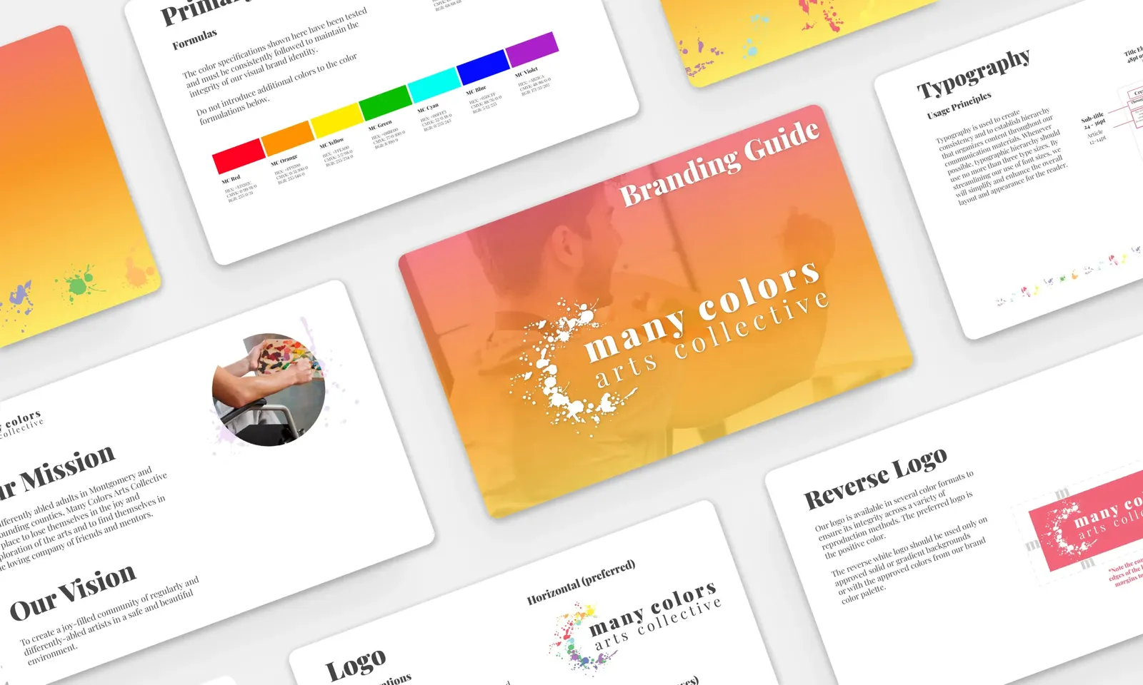Many Colors Arts Collective branding guide pages: color formulas, typography, logo usage, reverse logo and mission