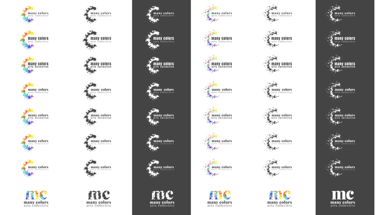 Grid of Many Colors Arts Collective logo variations in rainbow, black and white, including mc monogram versions