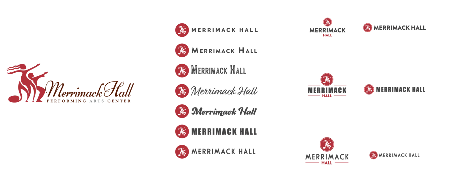 Previous logo: Merrimack Hall script dancers mark beside new red badge logo options in several typefaces