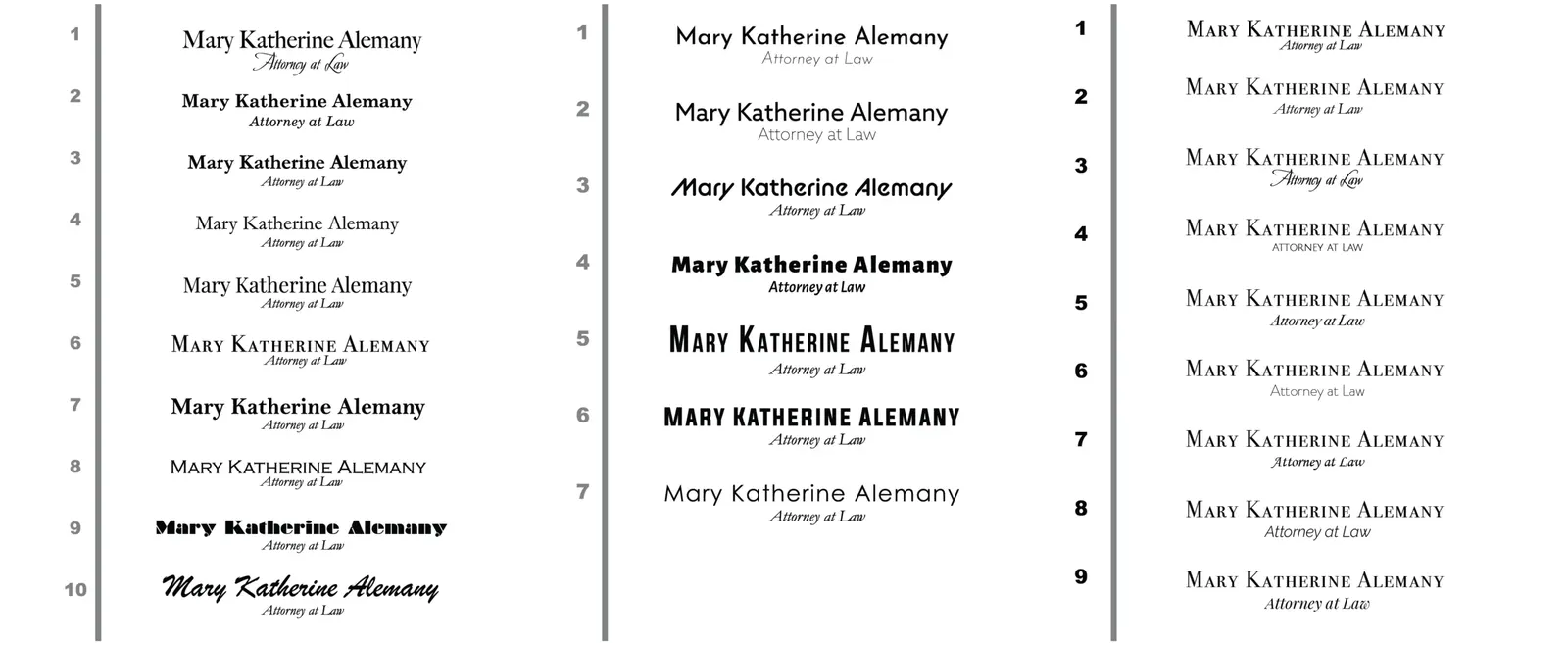 Mary Katherine Alemany Attorney at Law wordmark explored in 26 numbered serif and sans serif type options