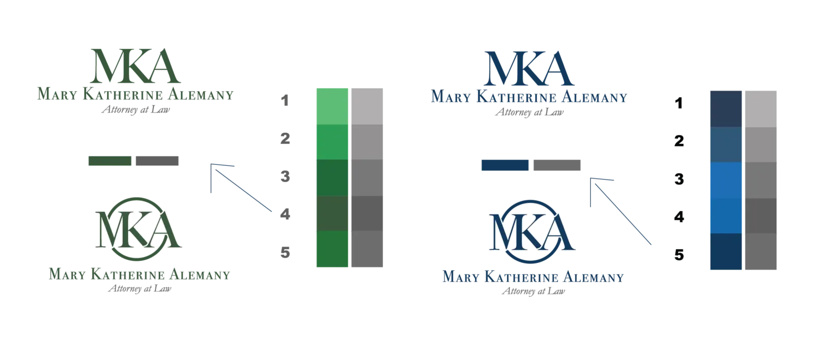 MKA logo color studies in green and navy with numbered swatch scales