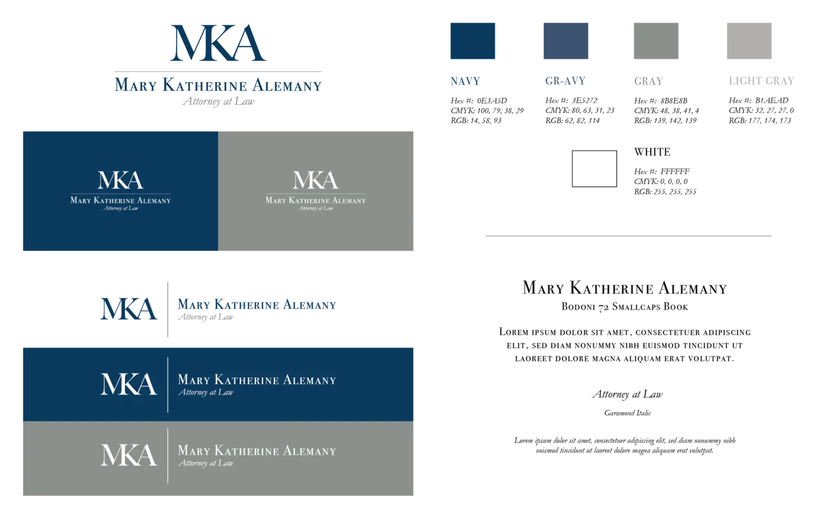 Final MKA brand sheet: navy and gray logo lockups, color codes, and Bodoni and Garamond type specs