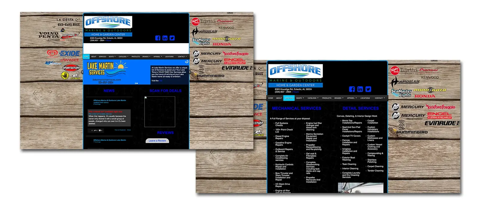 Previous website: Offshore Marine and Outdoors dark site with a wood background, brand logos and a services list