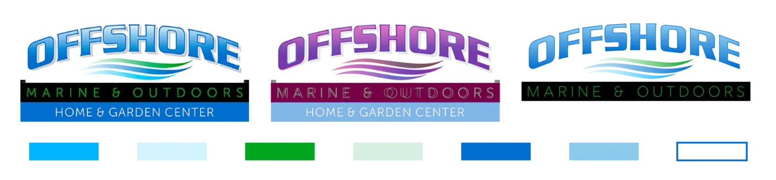 Previous logo: Offshore Marine and Outdoors arched wordmark in blue and purple, with a home and garden center bar and swatches