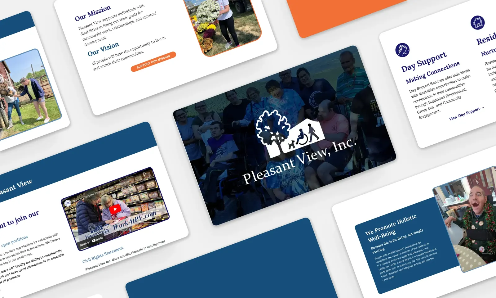 Pleasant View, Inc. website pages: mission and vision, day support, job openings video and a holistic well-being section