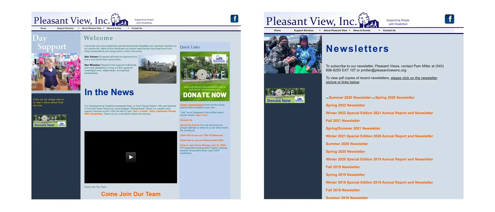 Previous website: Pleasant View, Inc. welcome page with news and donate links, and a newsletters archive page