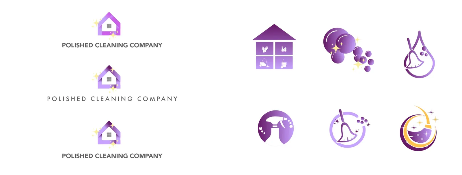 Early Polished Cleaning Company logo concepts: purple house marks and cleaning icons such as a broom, spray bottle and bubbles