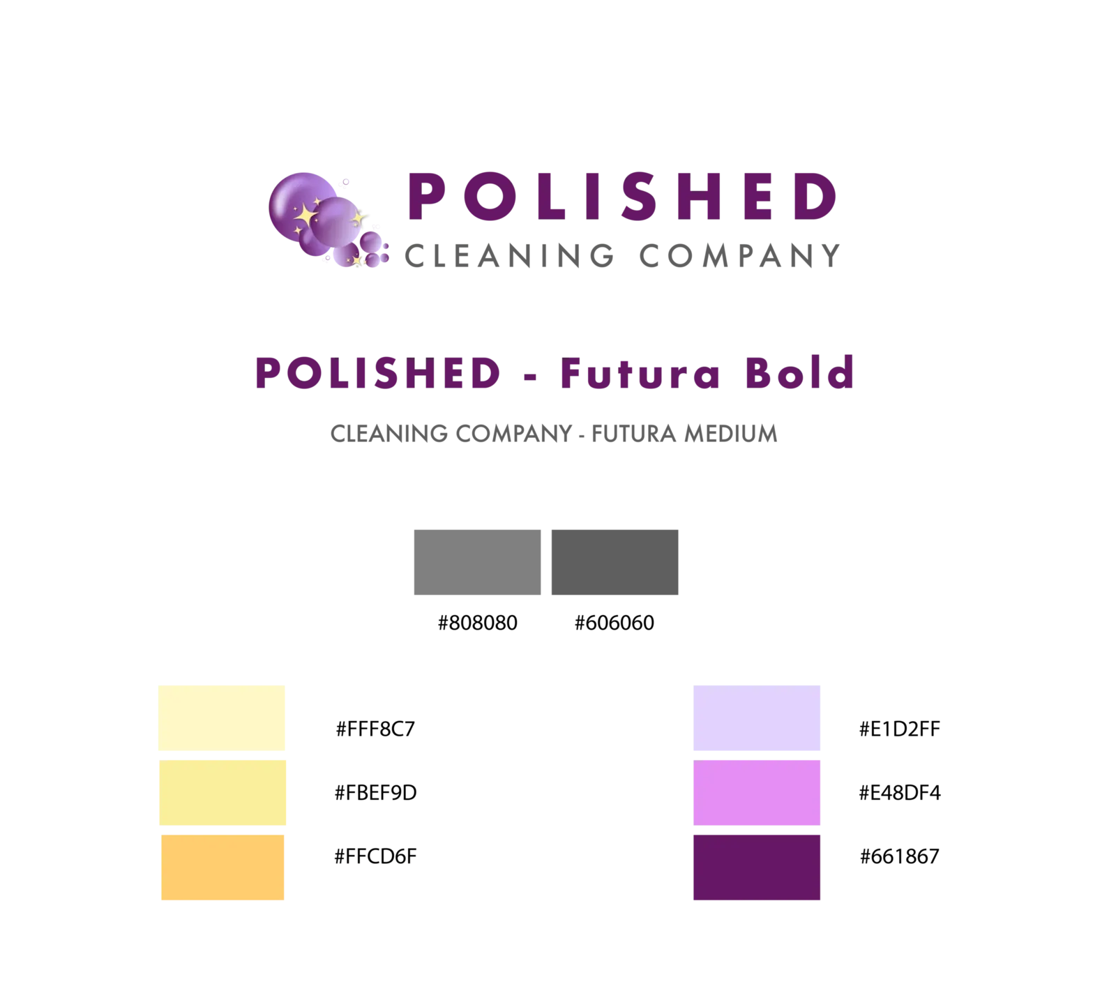 Final Polished Cleaning Company brand sheet: bubble logo, Futura type specs and purple, yellow and gray color codes