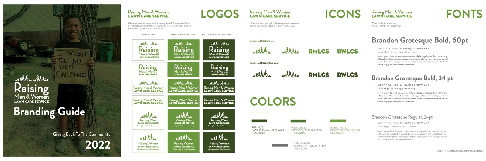 Raising Men and Women Lawn Care branding guide spreads: cover, logo variations, icons, green palette and Brandon Grotesque type