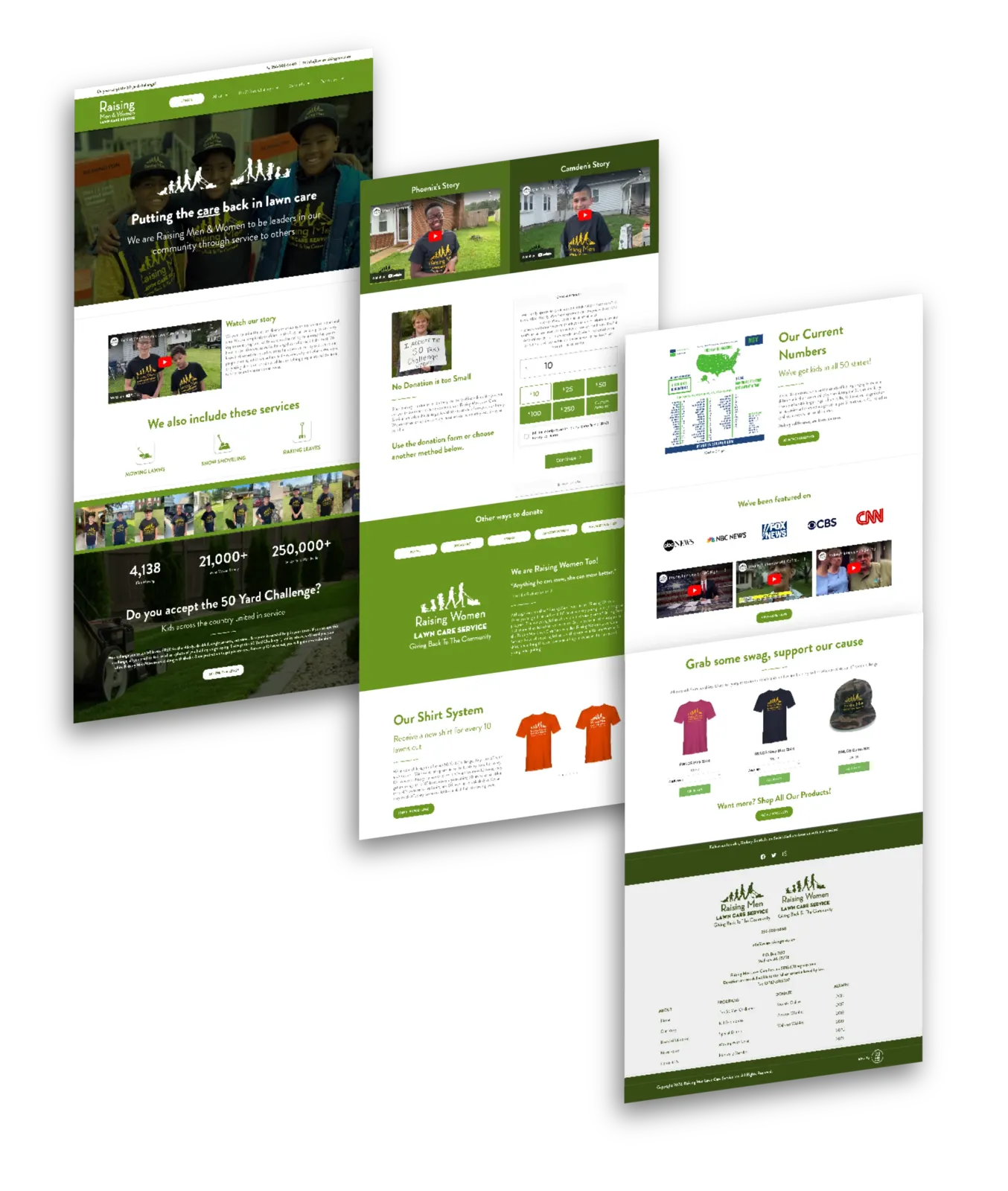 Raising Men and Women Lawn Care website: lawn care hero, video stories, donation form, press logos and merch shop
