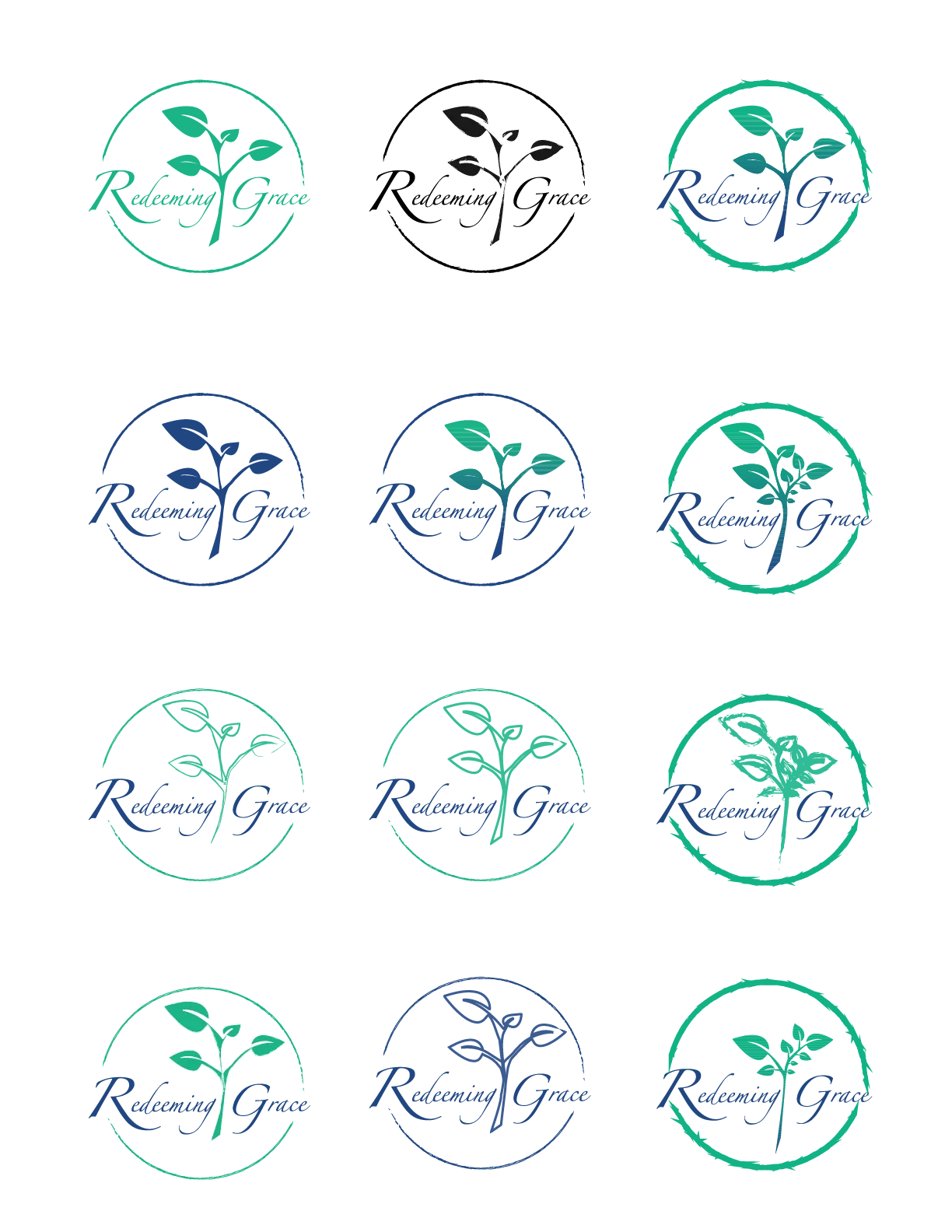 Twelve circular Redeeming Grace badge logos with a sprouting plant, in green, blue and black variations