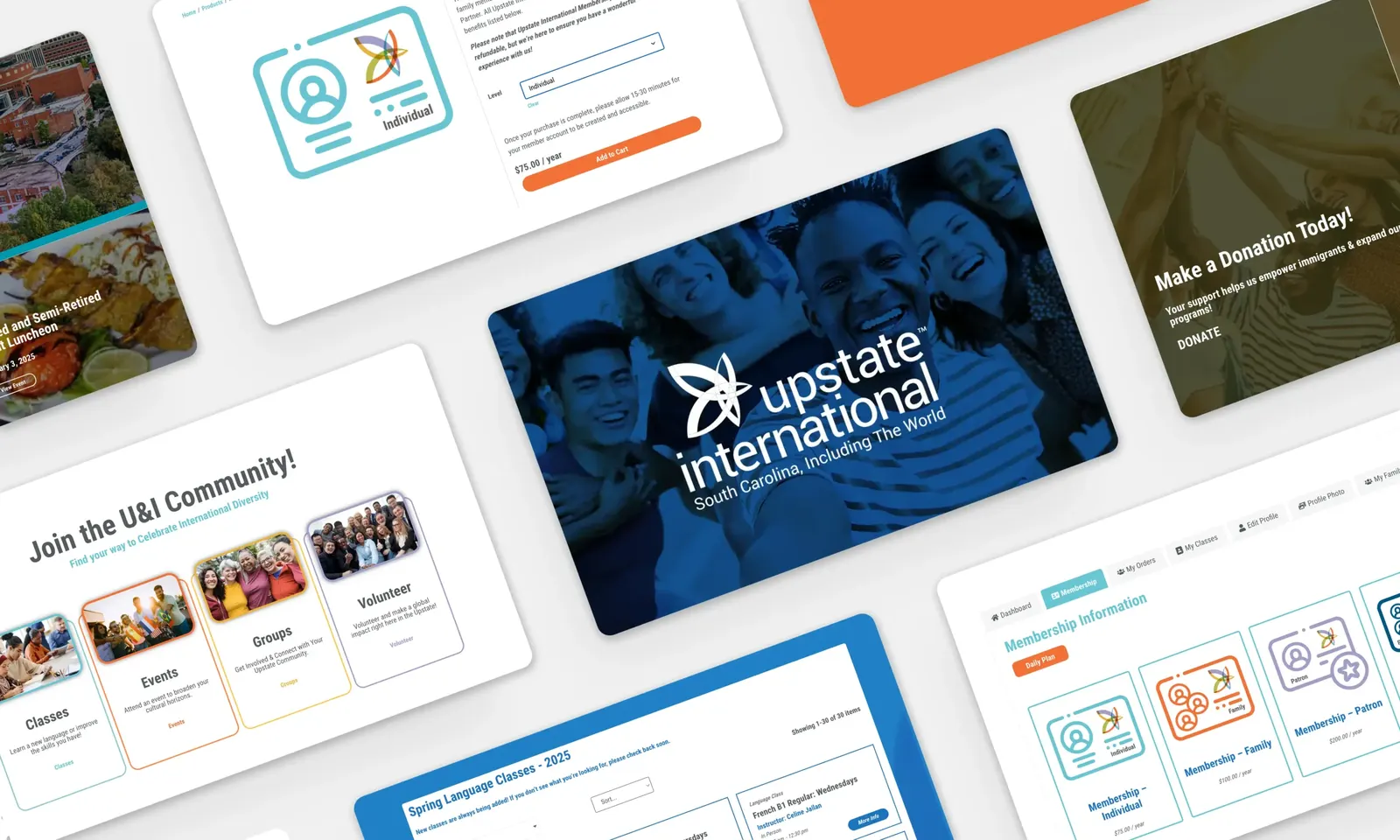 Upstate International website pages: membership levels, Join the U&I Community cards, language classes and donate banner