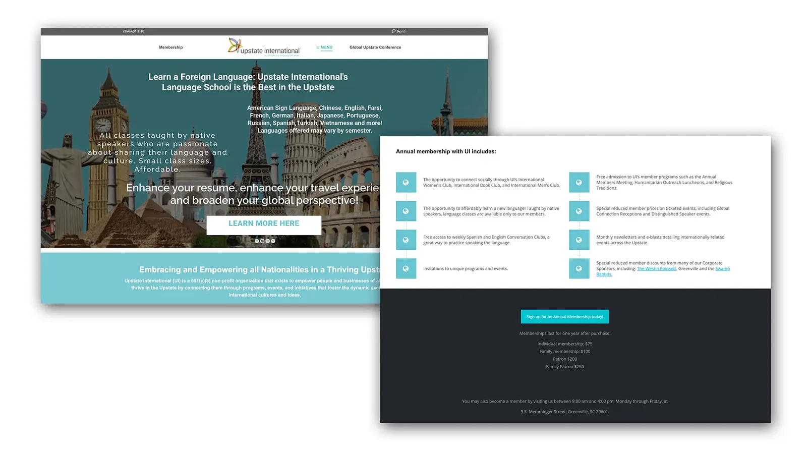 Previous website: Upstate International language school homepage and an annual membership benefits page