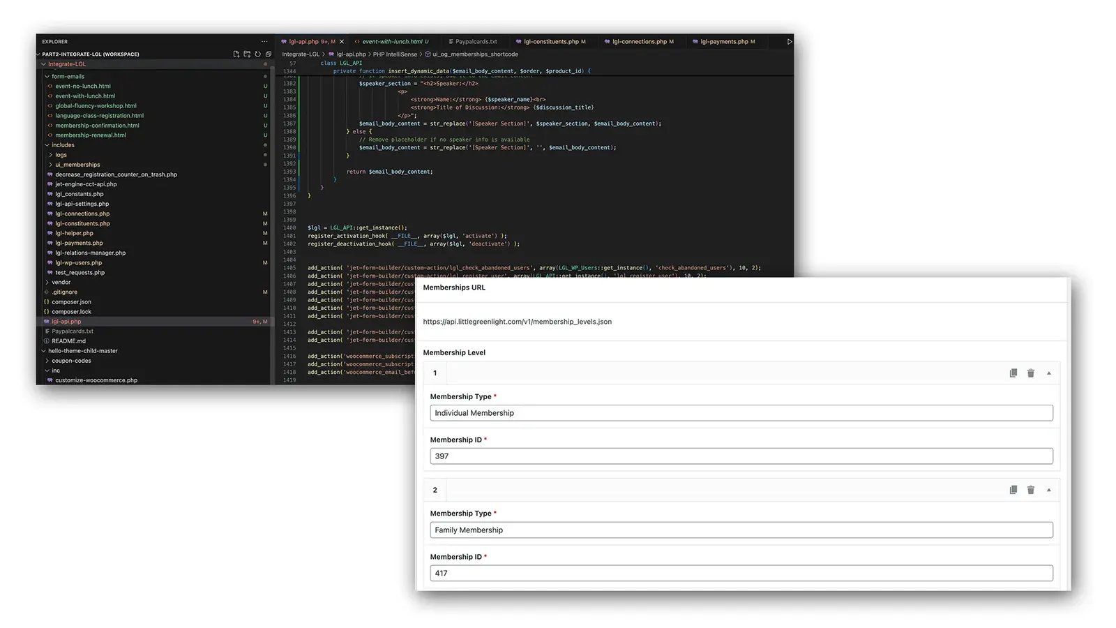 Code editor with the Little Green Light API integration plugin beside its WordPress membership level settings