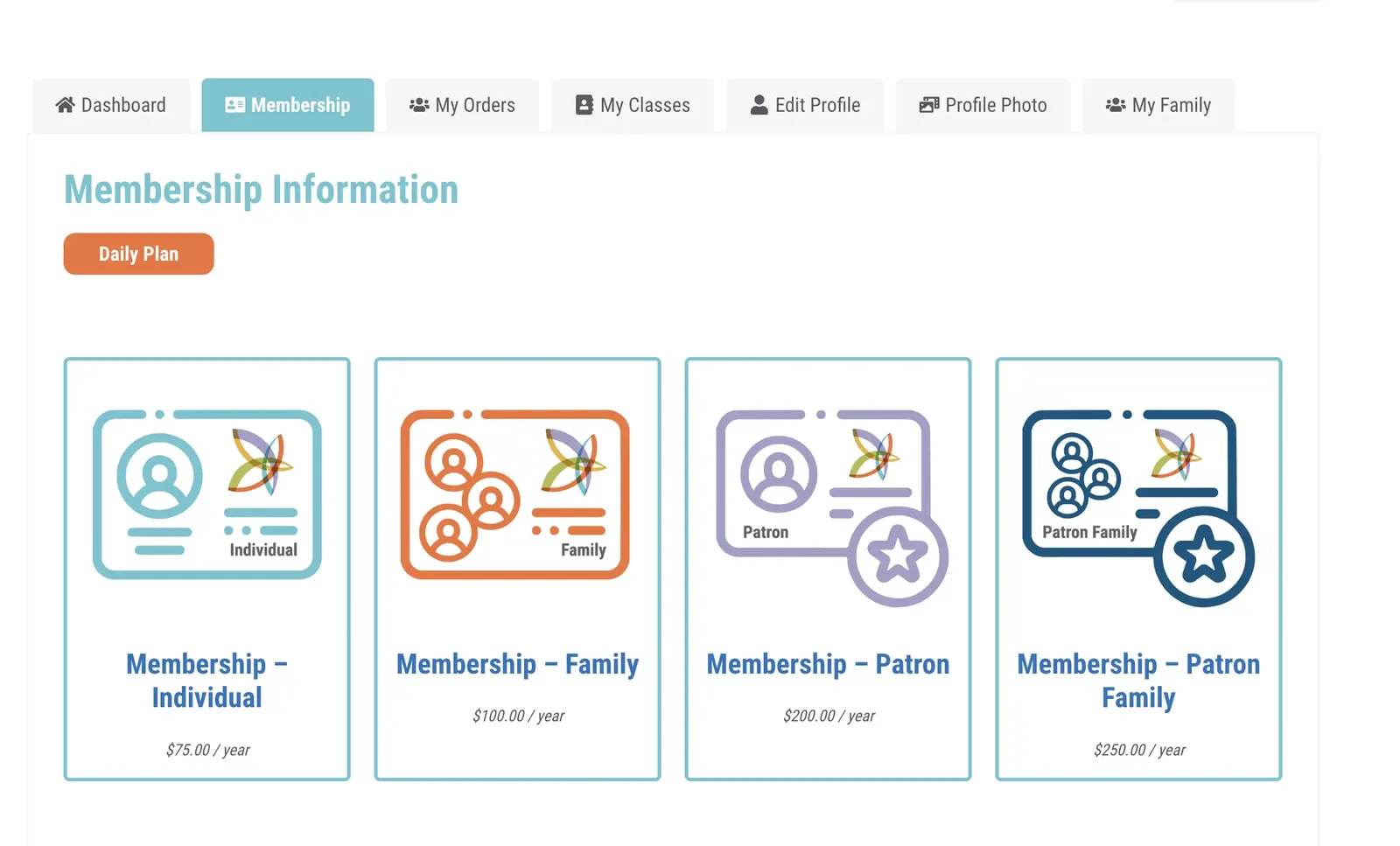 Upstate International member account Membership tab with Individual, Family, Patron and Patron Family cards
