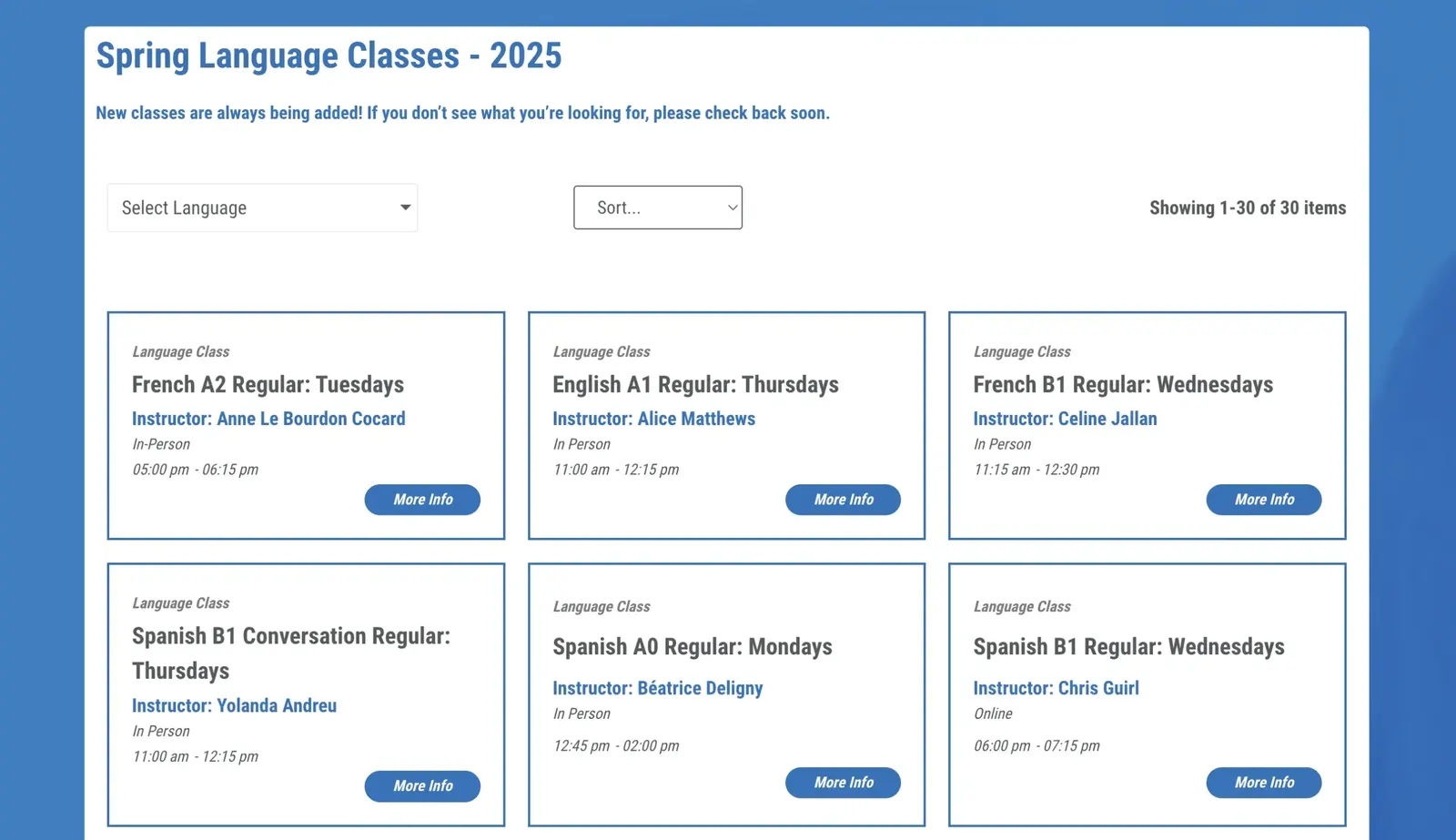 Upstate International Spring Language Classes 2025 listing with French, English and Spanish class cards
