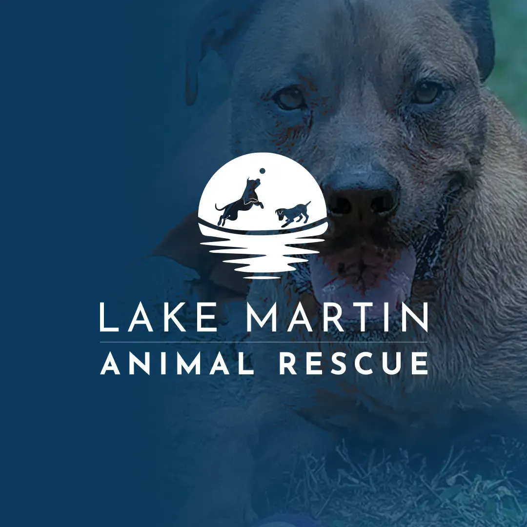 Lake Martin Animal Rescue logo, two dogs playing above rippling water, in white over a blue-tinted close-up of a large dog