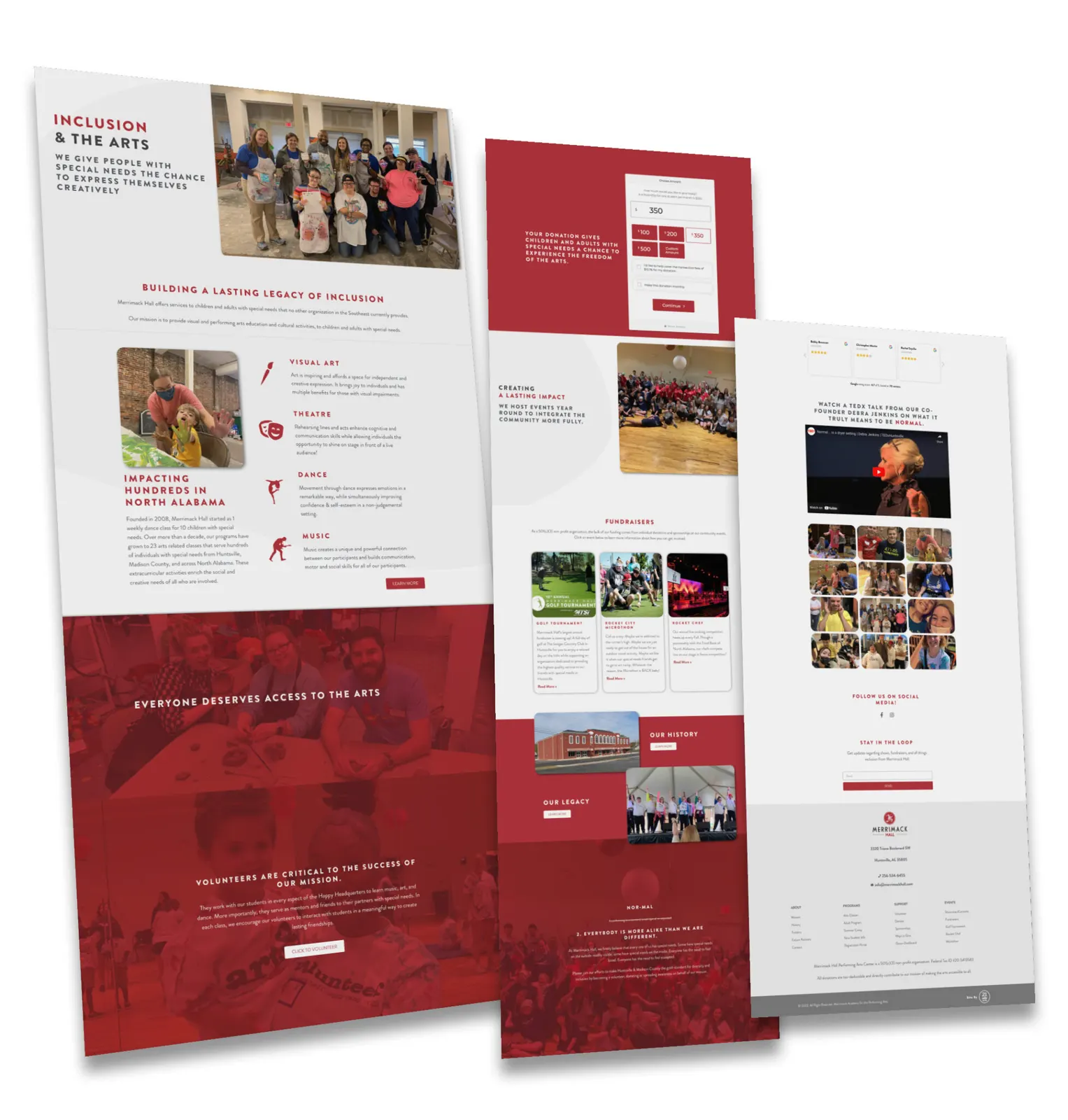 Three Merrimack Hall web pages in red and white showing arts programs, a donation form, fundraisers and an embedded TEDx talk