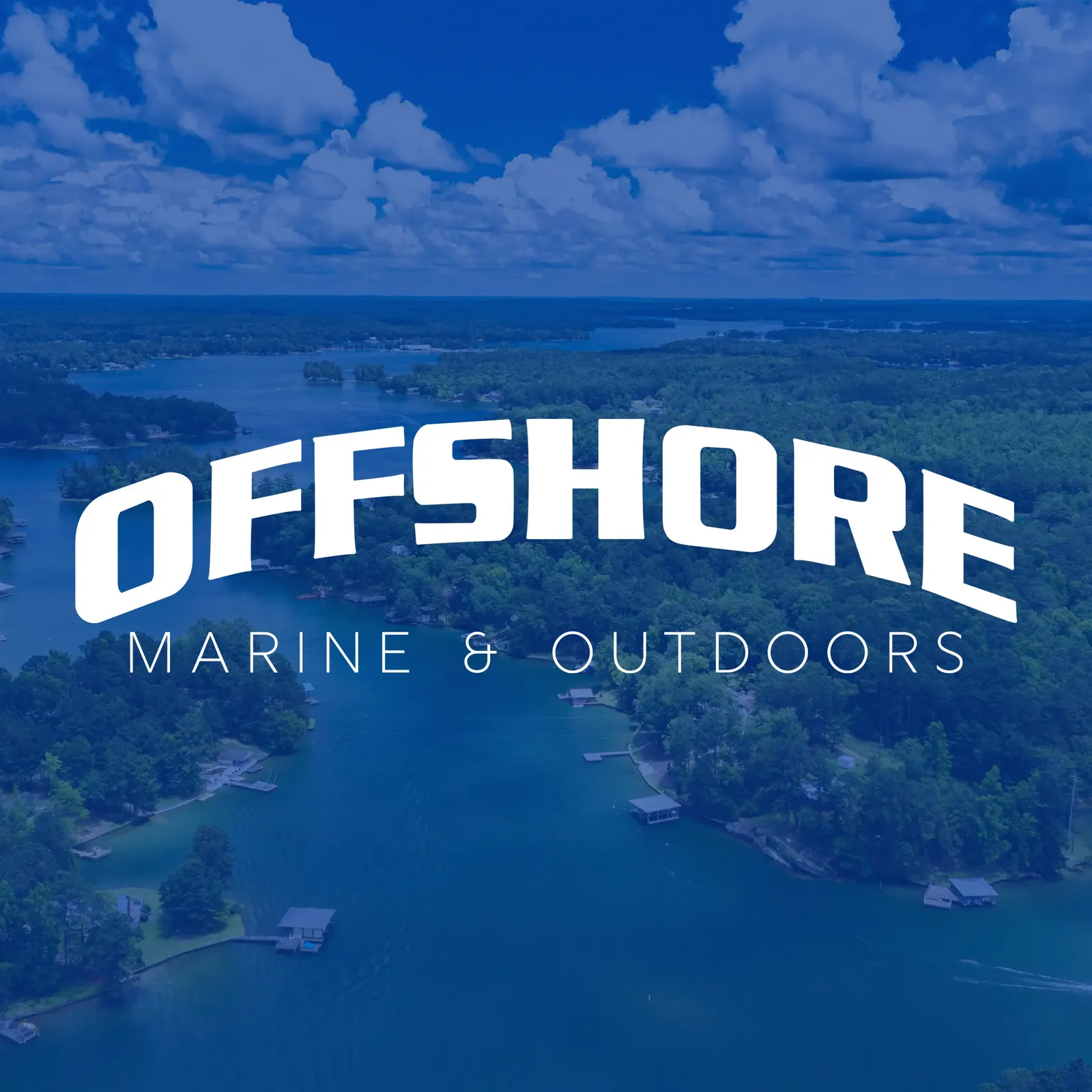 Offshore Marine & Outdoors logo in white block letters over a blue-tinted aerial view of Lake Martin's wooded shoreline and boat docks