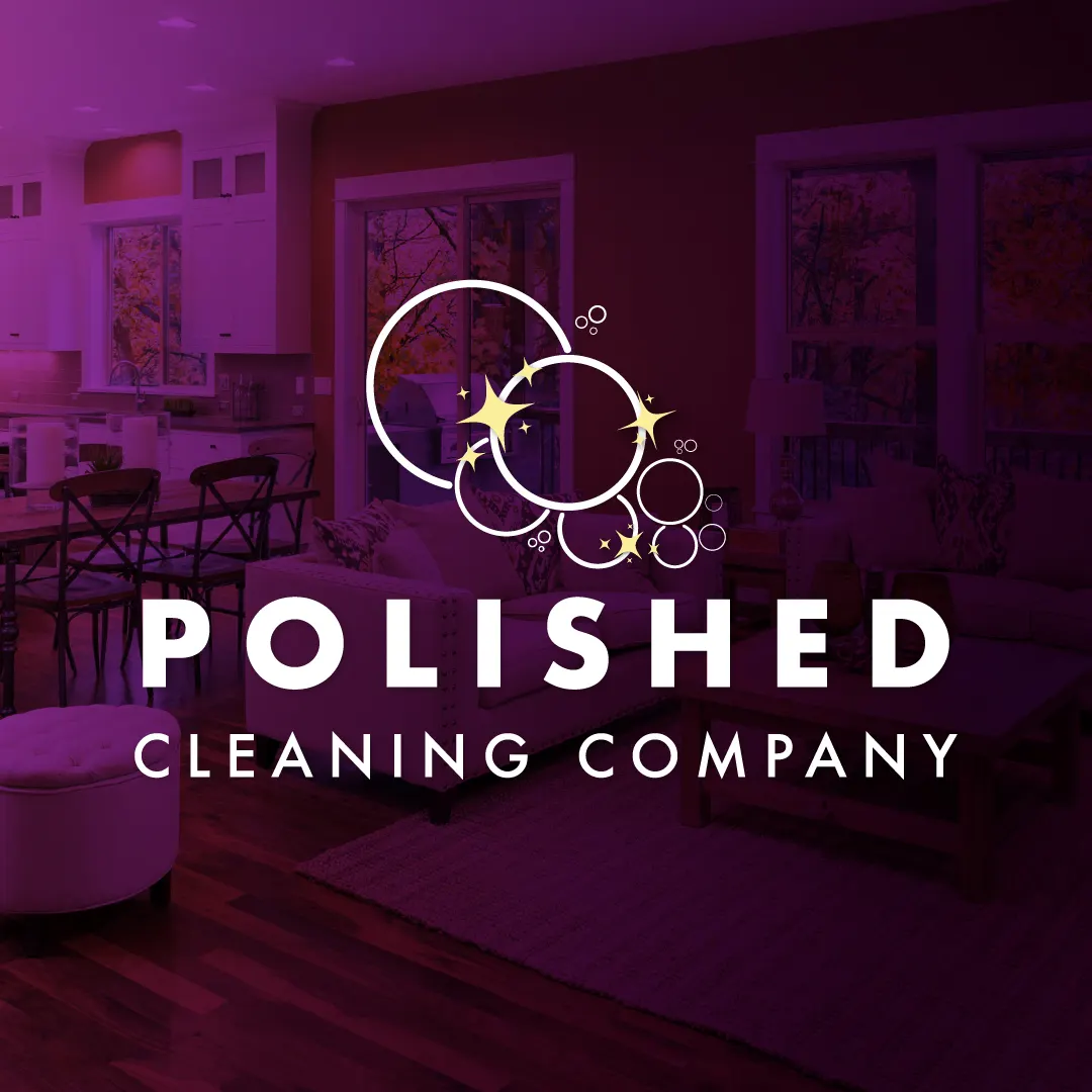 Polished Cleaning Company logo with white bubbles and yellow sparkles over a purple-tinted photo of an open kitchen and living room